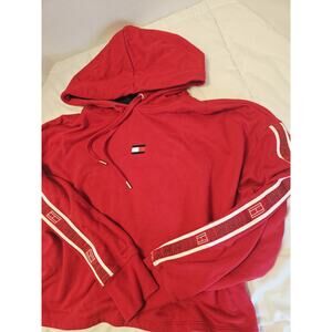 Retro Tommy Hilfiger Cropped Red Hoodie Sweatshirt Sz XL Apple Red Workout Y2k